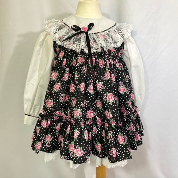 Girl’s Vintage MiniWorld Floral Polka Dot Pinafore Dress 4T Party Ruffle - Picture 2 of 12